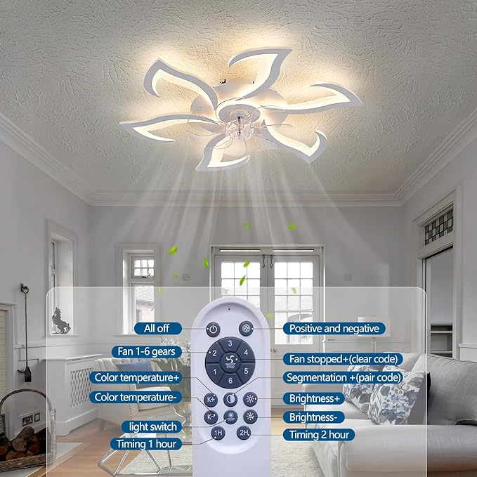 Modern Ceiling Fan with Lights Remote Control, 32" White Flush Mount Ceiling Fan with Light, 6 Speeds 3 Light Color Low Profile Ceiling Fan for Kitchen Bedroom