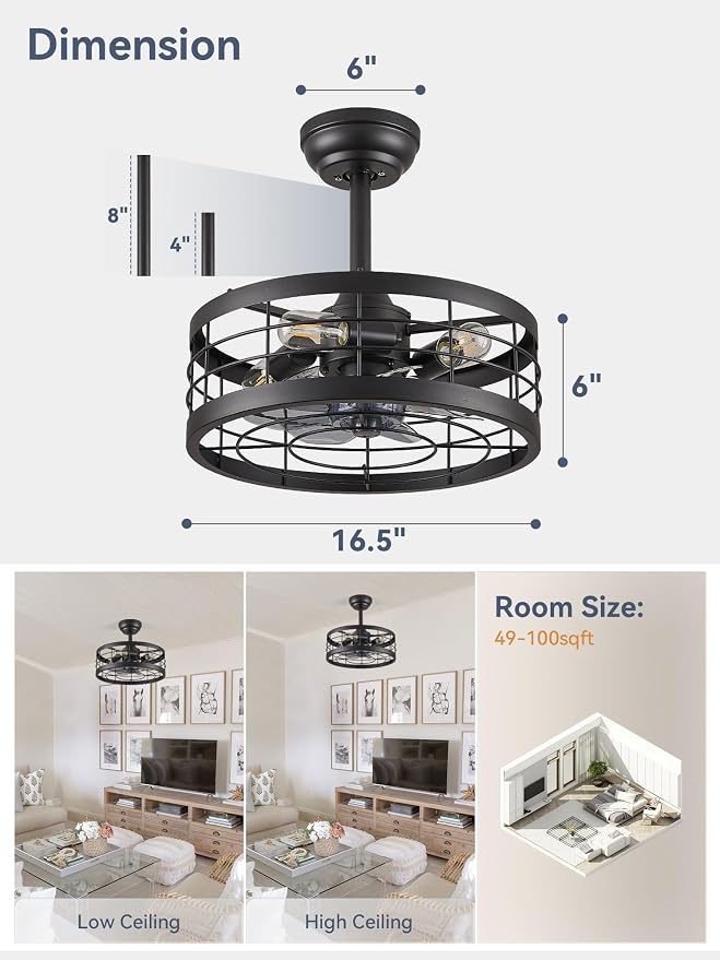 LEDIARY 16.5 inch Caged Fandelier Ceiling Fan Light with Remote, Black | 6 Speed Adjustable,Timing, Quiet & Powerful DC, Small, Farmhouse, Industrial, Enclosed, Bladeless, Bedroom, Kitchen, Downrod