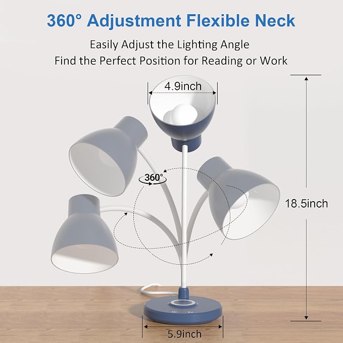 LED Desk Lamp for Home Office with Wireless Charger, Navy Blue | 3 Color Modes Dimmable Eye-Caring Study Reading Dorm Desk Lamp, 360° Flexible Arm Table Lamp for College Dorm Room, 800 Lumen
