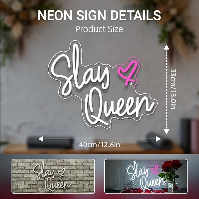 Slay Queen Neon Sign White Pink LED Neon Light Up Signs for Wall Decor Usb Neon Light for Bedroom Preppy Girl Aesthetic Room Dorm Decor Y2k Party Gifts