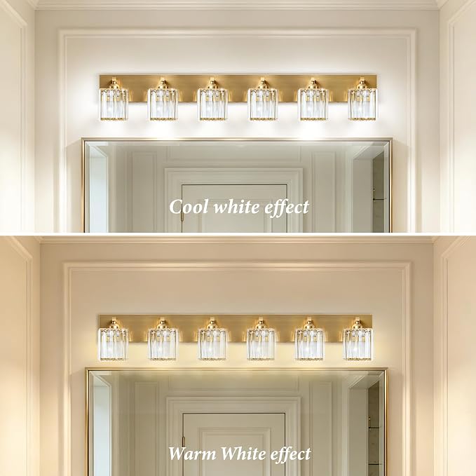 Gold Crystal Bathroom Vanity Light, 6-Light Modern Bathroom Lighting Fixtures Over Mirror,Chrome Wall Sconce Light Fixtures with Square Shade