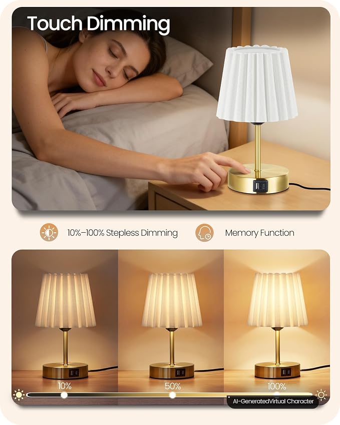 Small Bedside Table Lamps Set of 2, Touch Dimmable Table Lamps with USB Ports, Nightstand Lamps with 2 Stepless Dimming LED Bulbs, E26 Base, for Bedroom, Study, Gold and White DW16TLP205