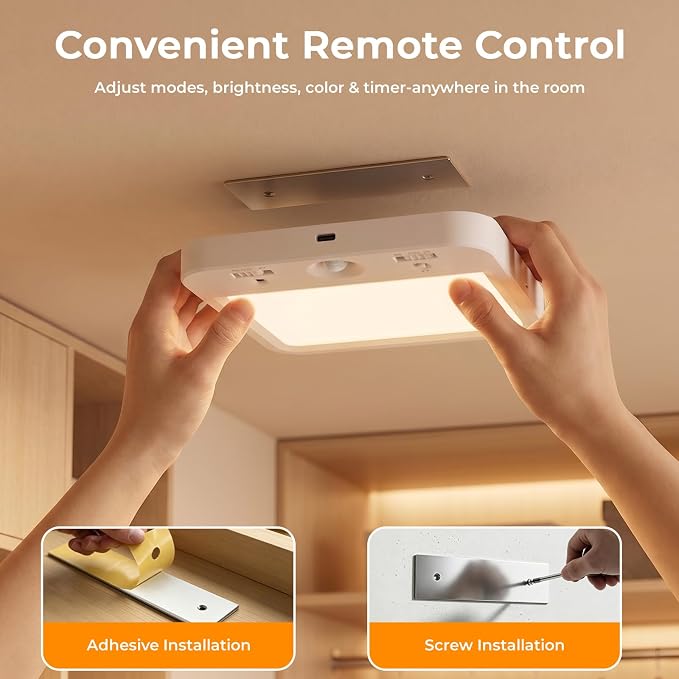 TANBABY Rechargeable Motion Sensor Ceiling Light, Wireless Remote, 2-Pack | Wireless LED Shower Light, 8000mAh Battery Long Lasting Closet Light, 3 Color Dimmable, Timer, No Wiring for Hallway Pantry