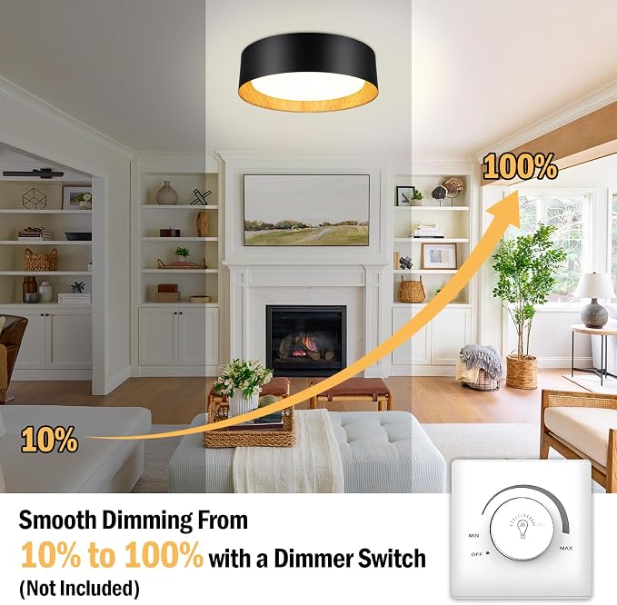 BrightHome Flush Mount Ceiling Light, 13in Modern Ceiling Light 3/4/5000K | 25W Bathroom Ceiling Light Fixture, 2600LM Dimmable LED Flush Mount Light for Bedroom, Hallway, Kitchen, Black & Wood