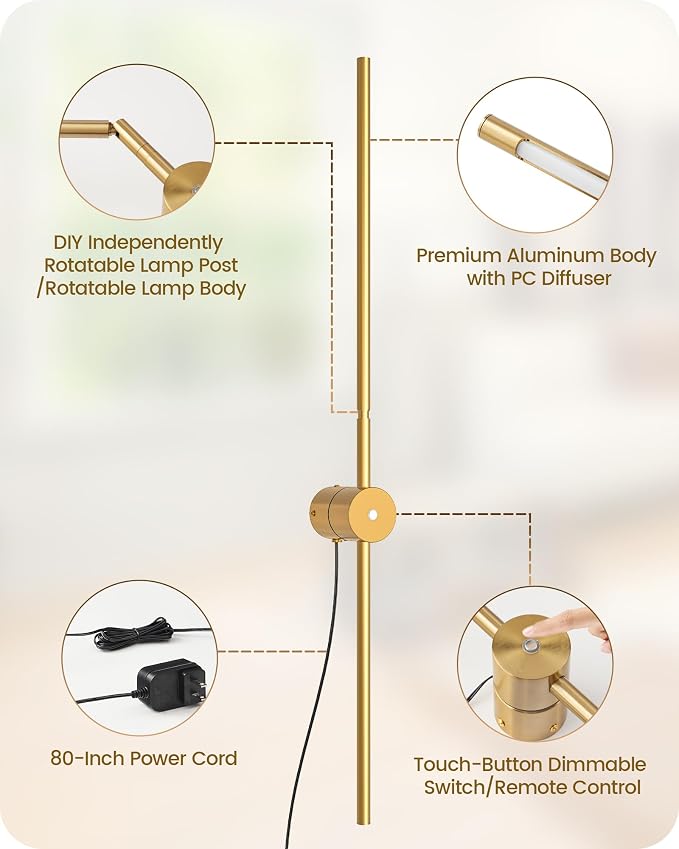 33" Wall Sconces Set of 2 with Remote Control, Dimming & 3 Color Temperatures, Plug-in Gold Wall Lights for Bedroom, Living Room, Adjustable Brightness & Rotatable Lamp Post, D09YBP205