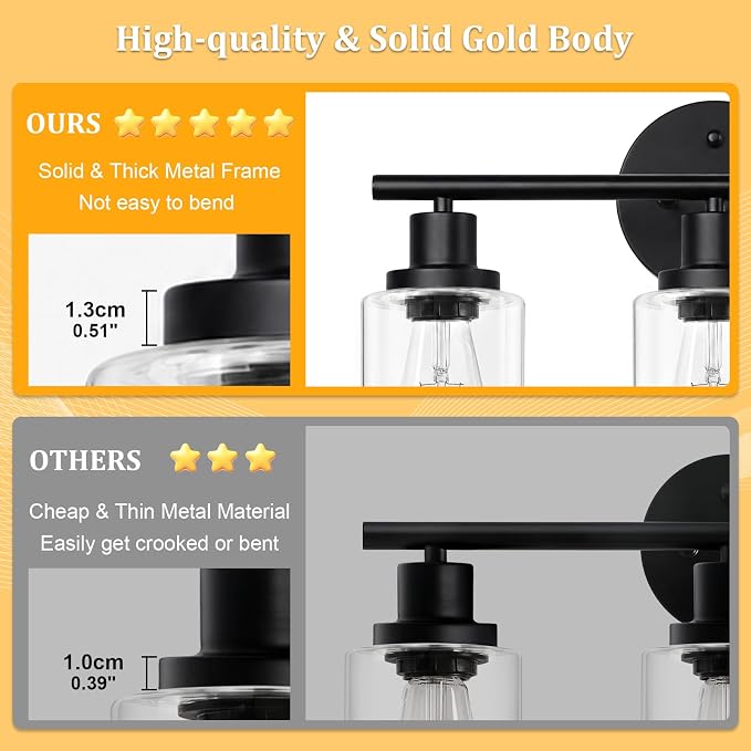 Modern Bathroom Light Fixtures, 3 Light Vanity Lights with E26 Bulbs, Black Wall Lamp with Clear Glass for Mirror Living Room Hallway Cabinet Porch