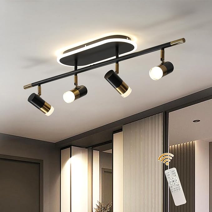 Jaycomey 4-Light LED Track Lighting Fixture with Remote Control, 41W Dimmable Ceiling Light Spotlights, Adjustable 3000K-6500K Modern Dining Room Ceiling Light for Kitchen Bedroom (Black &Gold)