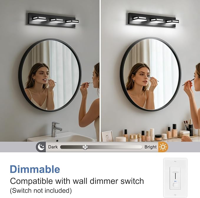 LED Modern Bathroom Light Fixtures, 3-Light 24-Inch Dimmable 5CCT Adjustable Matte Black Vanity Lights for Bathroom Lighting Fixtures Over Mirror, 350° Rotatable Wall Lamp