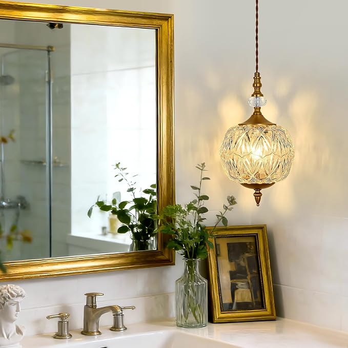 Piepooye Vintage Gold Glass Pendant Light for Kitchen Island | Antique Brushed Gold Chandelier E26 Mini Adjustable Hanging Ceiling Light Farmhouse Dining Room Bedroom Foyer Entryway
