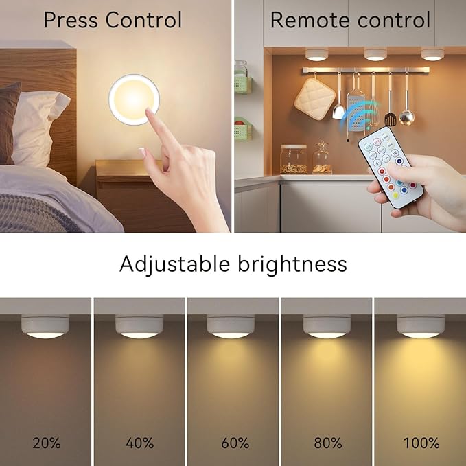Battery Operated LED Puck Lights with Wireless Remote, 13 Color RGB - for Closet, Bedroom Wall, Under Cabinet, Battery Powered Push Lights. Convenient 3M Stick On(White, 3-Packs)