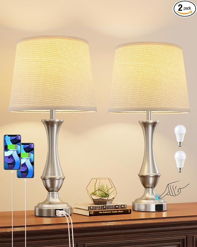 Touch Lamps for Nightstand, 3 Way Dimmable Lamps for Bedroom with USB C+A | Touch Control, USB C+A Charging Ports, Table Lamps for Living Room, Night Stands, Bedside, Bedroom, Bulb Included, Silver