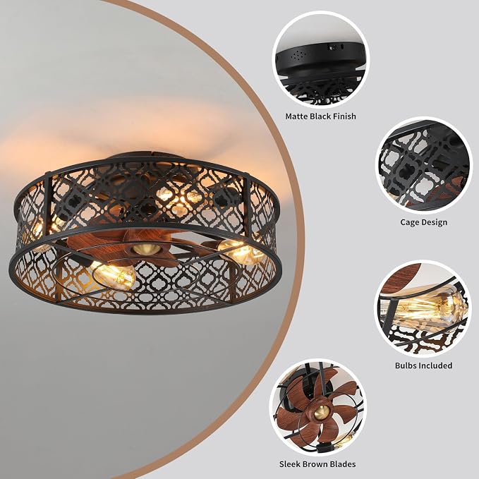 20" Caged Ceiling Fans with Lights Flush Mount Ceiling Fan with Remote,Small Black Low Profile Bladeless Ceiling Fan Light Fixture for Bedroom, Kitchen, Dining Room 4 bulbs Included,6 Speeds