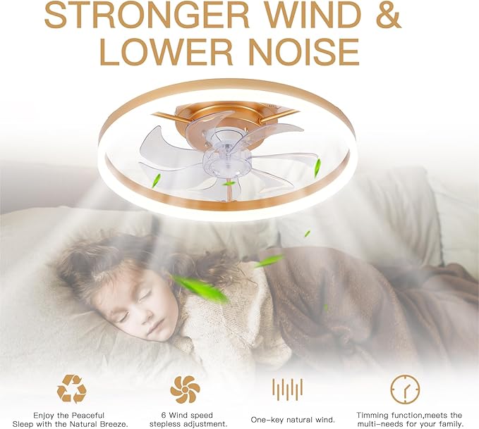 Modern Gold Ceiling Fans with Lights,20" Dimmable Flush Mount Low Profile Ceiling Fans with Remote Control,Indoor Smart Ceiling Fan with Light for Bedroom