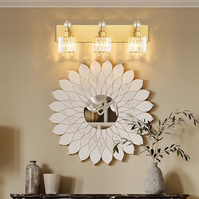 PRESDE Crystal 3 Light Vanity Light for Bathroom Gold Bathroom Lights Fixtures Over Mirror Modern Wall Sconce Lamp