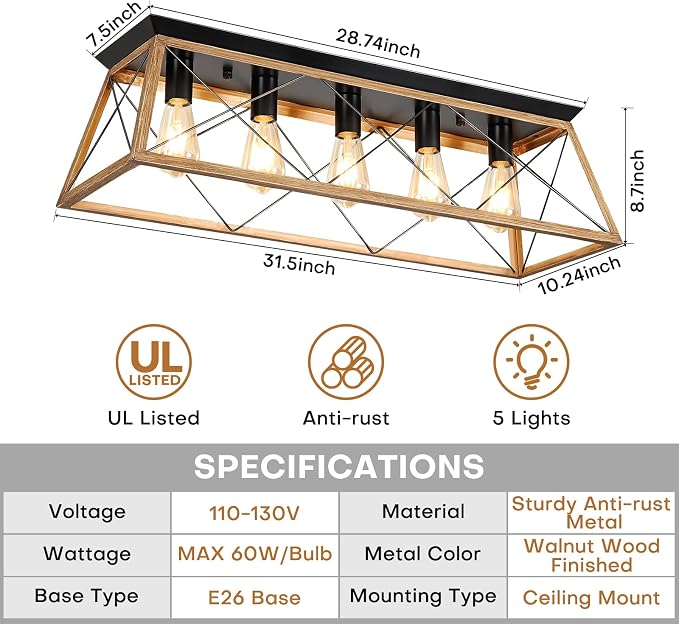 31.5" Flush Mount Ceiling Light Fixture, 5-Light Vintage Industrial Cage Chandelier for Dining Room, Kitchen Island, Living Room, Dimmable Semi Flush Mount Close to Ceiling Lighting, Walnut Finish
