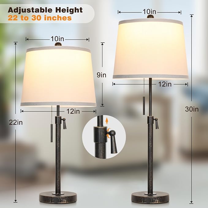Adjustable Height Table Lamps Set of 2 22-30in Retro Black Brush Gold Modern Nightstand with White Shade 3 Color Temperature Pull Chain Bedside Lamps for Living Room Bedroom Hallway(Bulbs Included)