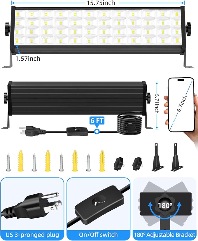 1 Pack 100W LED Shop Light, 12000LM 5000K Daylight | 6FT Cord & On/Off Switch, IP40, 180° Adjustable, Plug in Work Light, For Workbench Workshop Garage Warehouses Basement Yard