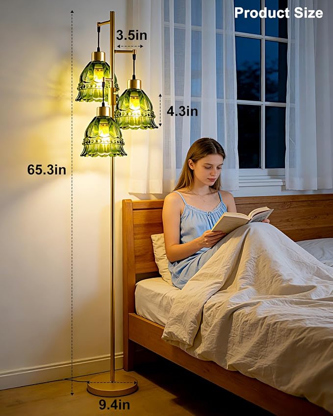 Lightdot 3-Lights Green Glass Floor Lamp Dimmable Gold Floor Lamp with Glass Shade 3000K Bulbs Included Unique Modern Standing Tall Lamp with 5Lbs Heavy Base for Living Room/Bedroom/Sofa Beside