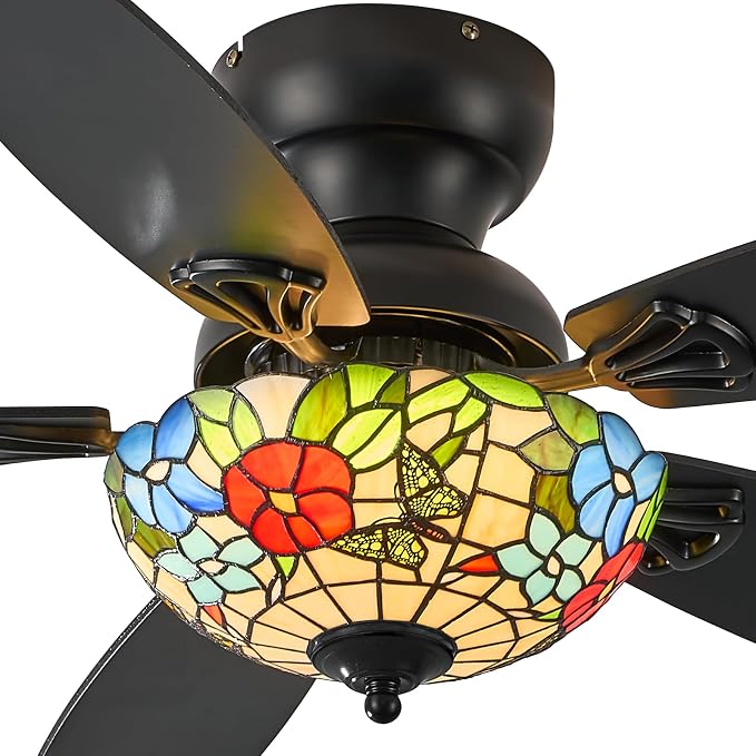 Tiffany Ceiling Fans with Lights-48"Ceiling Fan Chandelier and Glass Shade | 48" Ceiling Fan Chandelier with 5 Dual-Blades and Glass Shade, 6 Speeds and Reversible, Indoor and Outdoor, Retro Style
