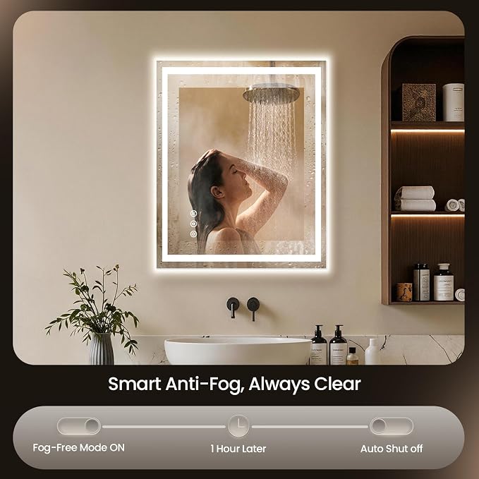 24x32 LED Bathroom Mirror with Anti-Fog, Backlit & Front Lit, Memory | Stepless Dimmable 3 Color CRI 95+ Shatterproof Tempered Glass ETL Listed for Safety Lighted Bathroom Vanity Mirror for Wall