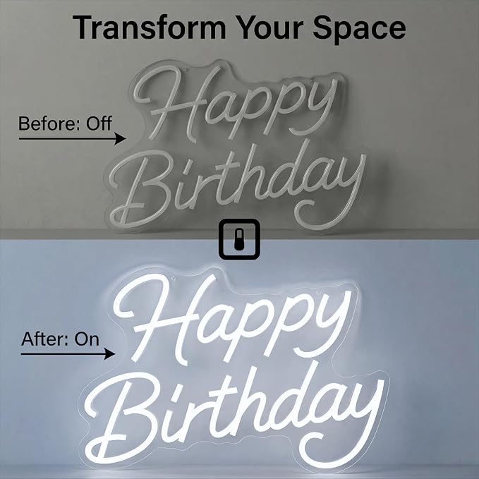 Happy Birthday Neon Sign for Backdrop Dimmable Happy Birthday Light Up Sign | LED Cool White Neon Happy Birthday Sign for Birthday Party Backdrop, Any Ages Bday Party Celebration, USB Powered, Hanging
