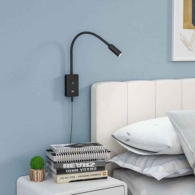 ENUOTEK LED Wall Mounted Bedside Lamp with Flexible Gooseneck, Remote Control Black Wall Mount LED Reading Spot Light for Bedroom, Timer Auto Off, Stepless and Step Dimmable, Neutral White Lighting
