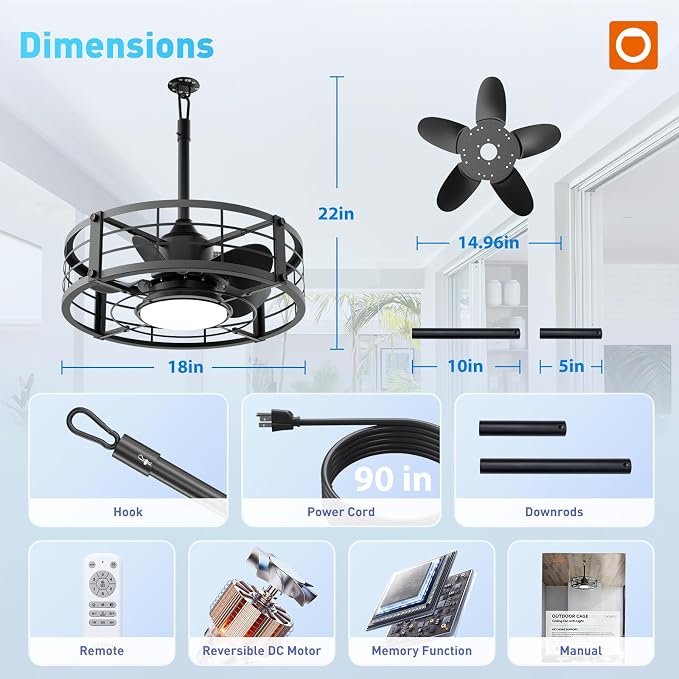addlon 20" Outdoor Ceiling Fan with Light for Patio, IP65 Plug in Caged Fan | Waterproof, Hanging Hook, Reversible DC Motor, 6 Speeds, Remote Control, Quiet Operation, Timer, for Gazebo, Patio, Porch