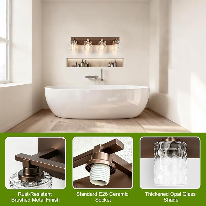 Modern Bathroom Lighting Fixtures Over Mirror, Vanity Lights for Bathroom, Wall Sconces with Clear Glass Shades, E26 Ceramic Socket, 4-Light 27.5-inch Oil-Rubbed