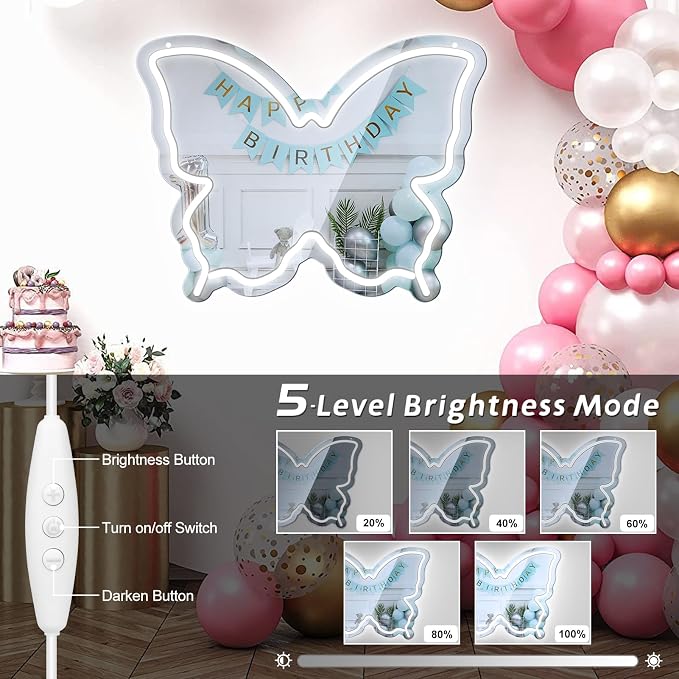 Butterfly Neon Sign Mirror, LED Neon Sign for Wall Decor, 15.7'' x 12'' Dimmable Neon Light for Teen Girls & Kids Birthday Gift, Neon Signs for Room Decor, Wall Mirror, USB Powered (Daylight White)