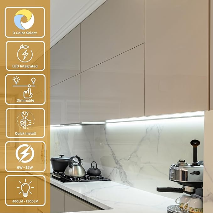12-Inch Dimmable Under Cabinet LED Light, Hardwired Installation Only, Color Selectable - Soft White(3000K)/ Bright White(4000K)/ Daylight White(5000K), 8W, White Finish (12 Inches)