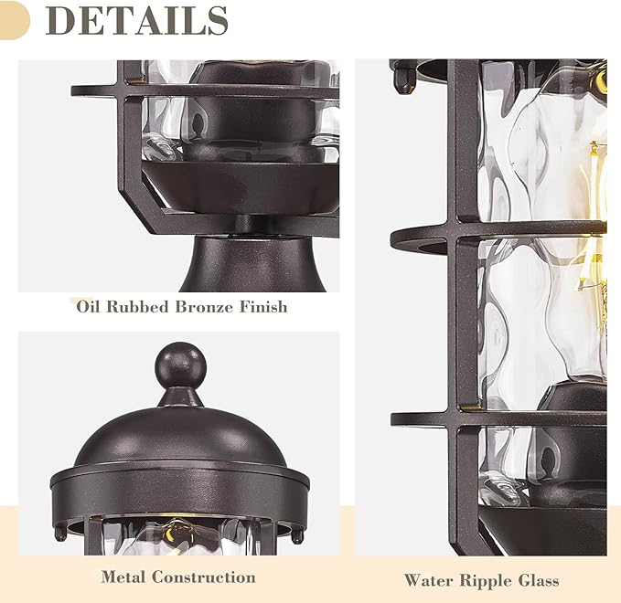 Emliviar 14.4 Inch Oil Rubbed Bronze Pole Lantern Lighting Fixture, Set of Two Water Ripple Glass Outdoor Light Posts for Patio and Pathway, GE255P-L-2 ORB-WG