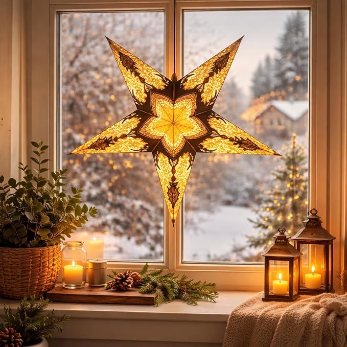 Lantern Lampshade Paper Star Light Shades Large 60cm Hanging Decorations for Christmas Wedding Home Decoration Birthday Party Foldable 5 Pointed Star (Glitter Black, Golden, Brown)