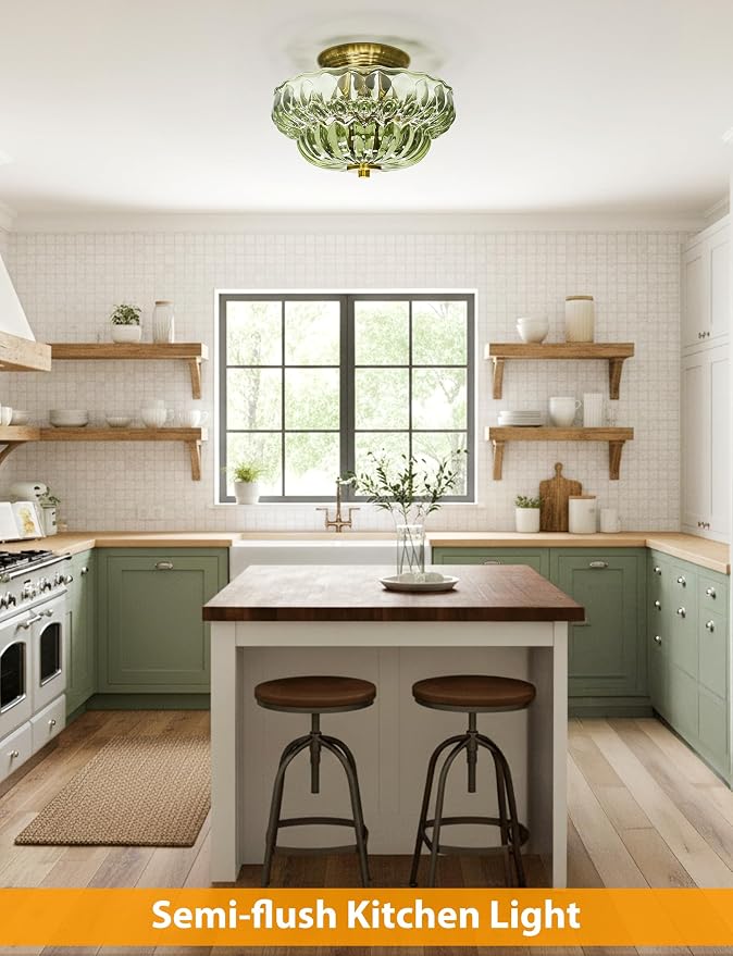 11" Semi-Flush Mount Ceiling Light,3-Bulb Green Glass Hallway Light Fixture | OYKYOHEI Indoor Lighting,Gold Close to Ceiling Light for Bathroom Dining Room Kitchen Foyer Laundry Decor,Easy Install
