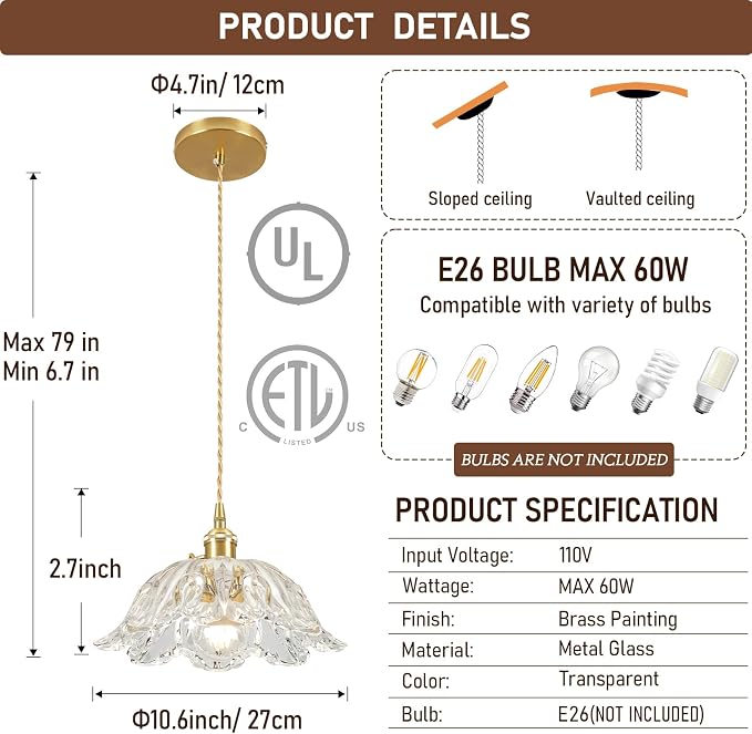Glass Pendant Light Vintage Light Fixtures,Transparent Modern Chandelier Pendant,E26 Pendant Lights Kitchen Island,10.6 inch Hanging Lamp for Bedroom Hotel Dining Room 1 Light