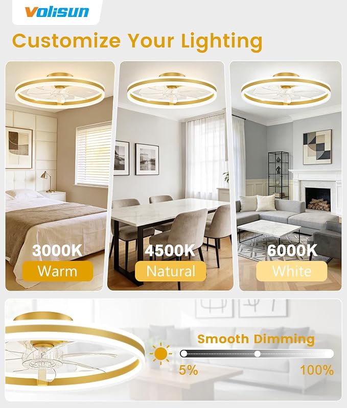 VOLISUN Low Profile Ceiling Fans with Lights and Remote, 24in Flush Mount Ceiling Fans with Light, 3000K-6500K Dimmable Fandelier LED Fan Light, Gold Bladeless Ceiling Fans with Lights for Bedroom