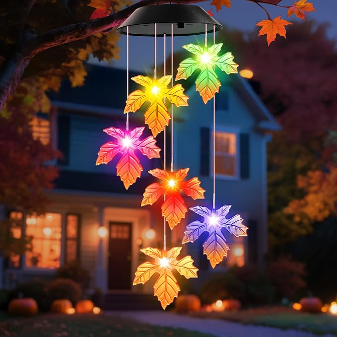 Winzwon Fall Decor Thanksgiving Decorations Solar Lights Wind Chimes | Hanging Maple Leafed Halloween Autumn Decorations, Birthday Gifts for Women, Outside Garden Yard Patio Porch Decor