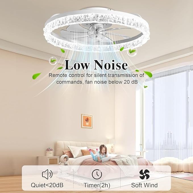 Ceiling Fans with Lights and Remote Fandelier - 20" Flush Mount Low Profile Modern Ceiling Fans for Bedroom - Stepless Color Temperature and 6 Speeds, White Irregular Crystal