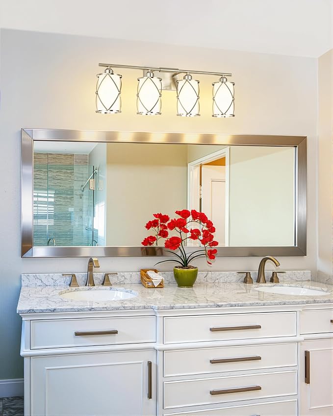 4-Light Brushed Nickel Bathroom Light Fixtures with Milk Frosted Glass, 29" Modern Bathroom Vanity Lighting Fixtures Over Mirror with Metal Cage, Wall Sconce Lights for Bath, E26, CH9176BNW-4W