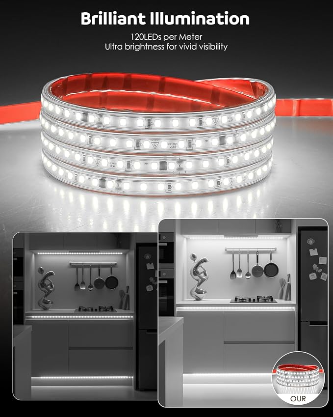 Aclorol 120V LED Strip Lghts 20FT Cold White 6000K Super Bright Rope Lights for Outside IP67 Waterproof LED Light Strip with Slef-Adhesive for Kitchen Cabinets Living Room Deck Yard Garage 720LEDs