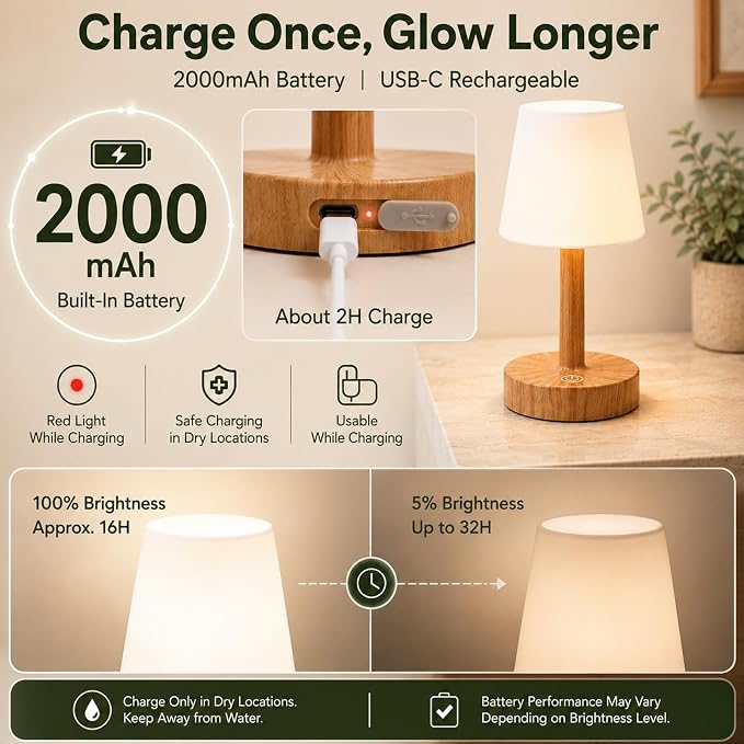 Rechargeable Table Lamp, Mini Cordless Shower Lamp for Bathroom, IP54 | Warm Oak-Look Body, Compact Fit for Small Surfaces, Warm-to-Cool Ambience, Touch Dimming with Brightness Memory
