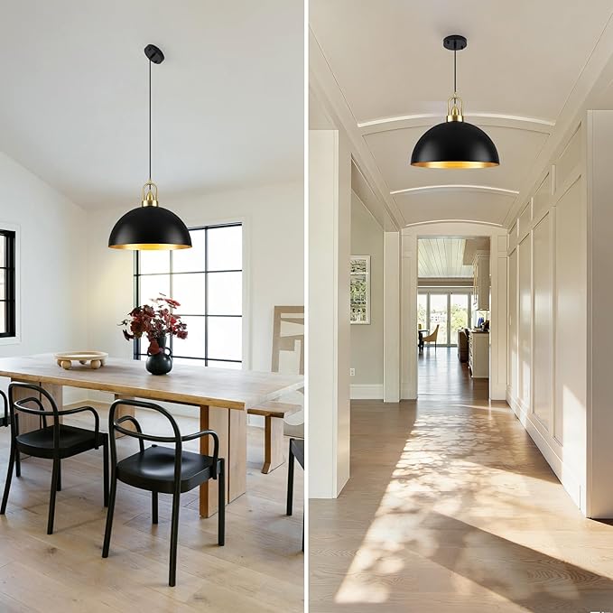 16'' Large Black Pendant Light for Kitchen Island Lighting, Modern Farmhouse Industrial Dome Hanging Ceiling Pendant Lighting Fixture for Dining Room, Bar, Living Room