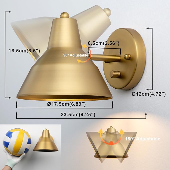Yosoan Indoor Vanity Wall Sconce with Dimming On Off Switch, 1-Light Hardwired Vintage Wall Mount Metal Lamp Fixture with 6.89" Bowl Metal Shade in-Build Gold Bedside Reading Bedroom Bunk(Antique)