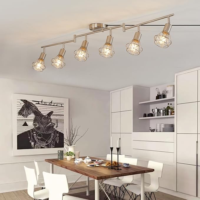 6 Light Plug in Ceiling Light Track Lighting Fixture,19.6tf Long Cord with On/Off Switch Modern Farmhouse Track Light Fixture for Livingroom Bedroom Kitchen E26 Base