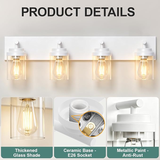 IZORRO Bathroom Vanity Light Fixture, 4-Light 30 Inch White Bathroom Light Fixtures Over Mirror, with Clear Glass Shade, Modern Farmhouse Vanity Lights, Rustic Restroom Lighting Fixtures