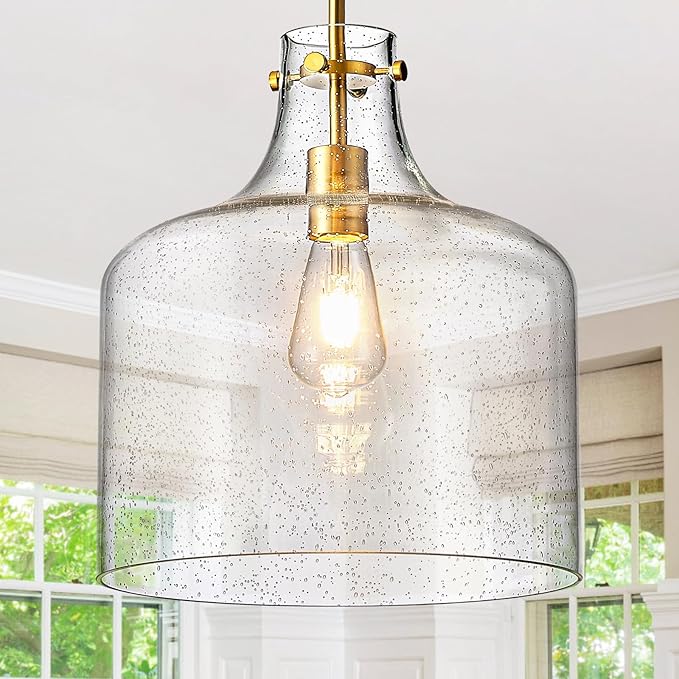 12" Gold Glass Pendant Light, Seeded Bubble Shade Modern Farmhouse Hanging Light for Kitchen Island, Dining Room, E26 Dimmable Ceiling Fixture