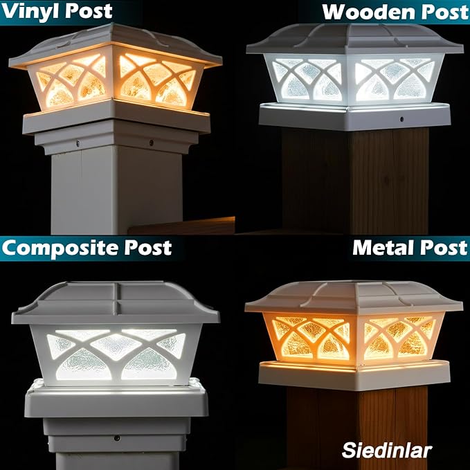 SIEDiNLAR Solar Post Cap Lights Outdoor Glass 2 Modes 8 LEDs for 4x4 5x5 6x6 Posts Fence Deck Patio Decoration Warm White/Cool White Lighting White (2 Pack)