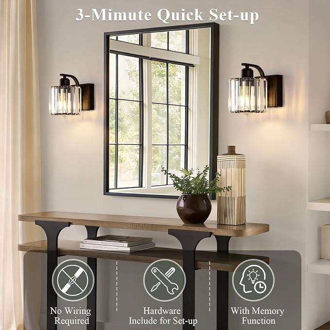 BELS 8 Inch Battery Operated Wall Sconces Set of 2, Farmhouse Black Wall Lights Fixture with Crystal Shade, 3 Colors Temperature, Remote Control, Dimmable, Wall Sconces for Mirror, Bathroom, Bedroom