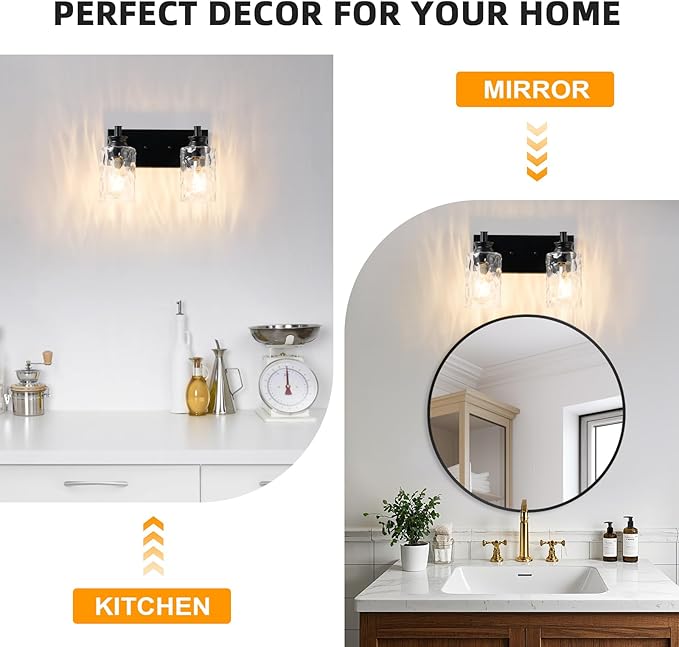 2 Light Bathroom Vanity Light Modern Black Bathroom Light Fixtures Over Mirror with Hammered Glass Lampshade for Kitchen Hallway