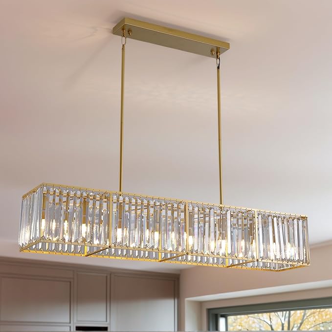 Siljoy Modern Crystal Chandelier 7-Light Rectangle Gold K9 Crystal Raindrop Chandelier Luxury Dimmable Linear Crystal Pendant Ceiling Light for Dining Room Living Room Kitchen Island L47''