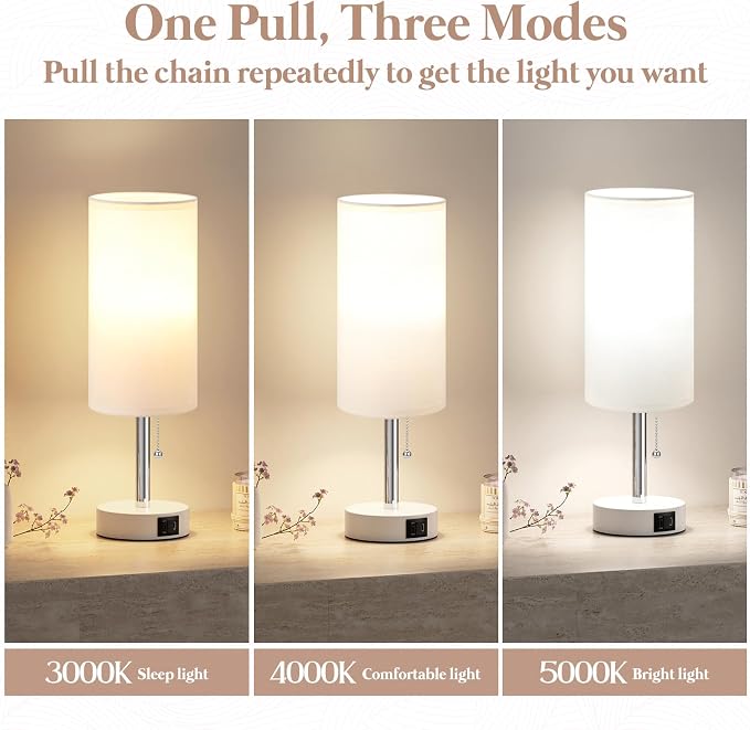 White Bedside Table Lamp for Bedroom - Small Nightstand Lamp for Girls | 3 Color Temp, USB A+C Ports, LED Bulb Included, Soft White Fabric Shade, Matte White Metal Base, 14" Desk Lamp for Kids Dorm